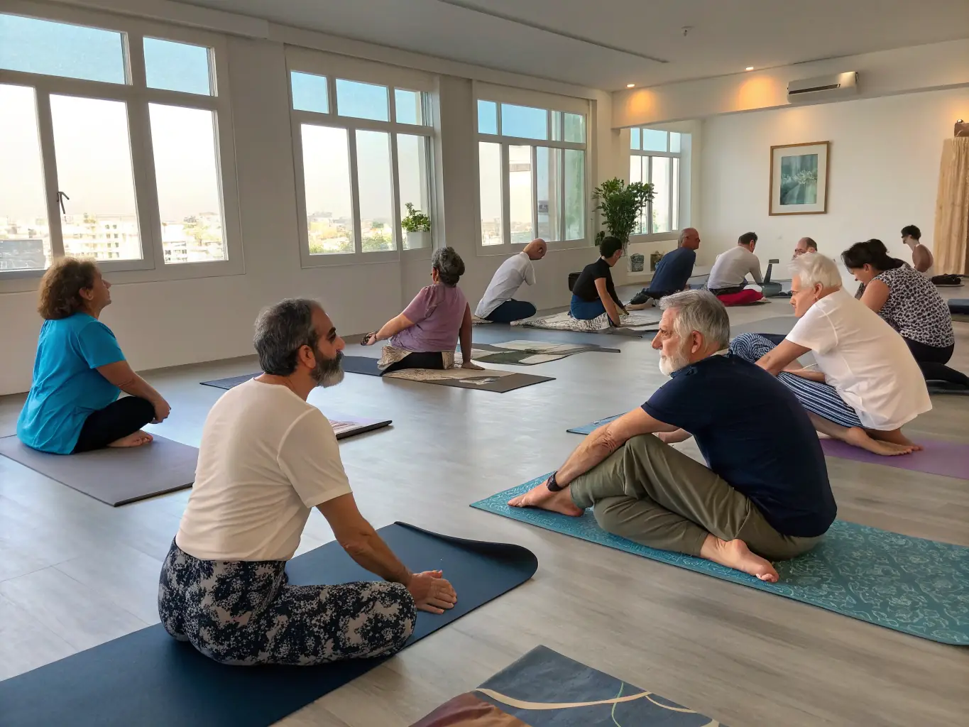 A group of diverse individuals participating in a gentle yoga session in a community center, focusing on inclusivity and accessibility for all fitness levels.