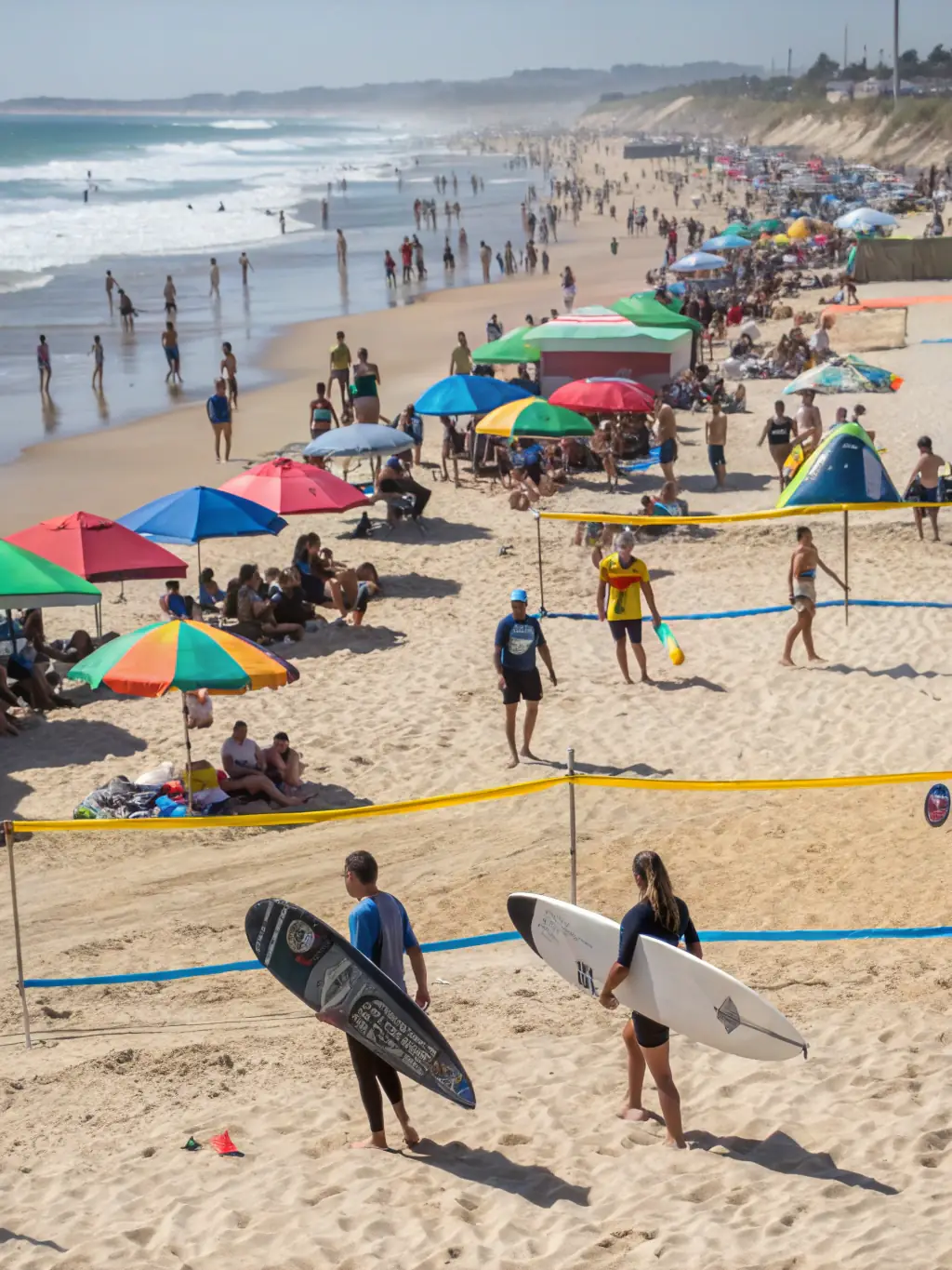 A group of people of different ages laughing and playing a game of volleyball on a sunny beach, illustrating the social connection and fun aspects of the organization.
