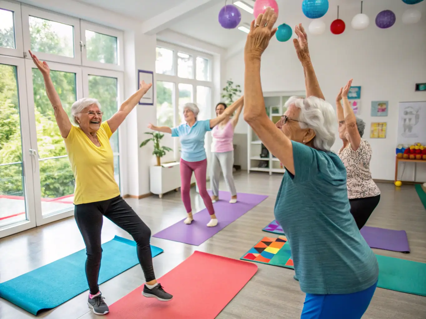 A diverse group of seniors participating in a low-impact aerobics class, emphasizing the benefits of physical activity for older adults.