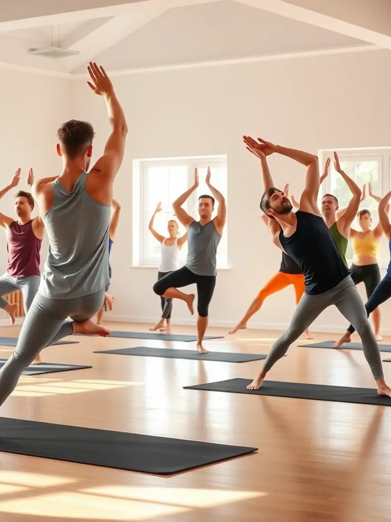 A group of people of varying ages participating in a gentle yoga session in a bright, airy studio, focusing on relaxation and flexibility, suitable for the 'Our Activities' section of HERMINE FORME ET DYNAMISME.
