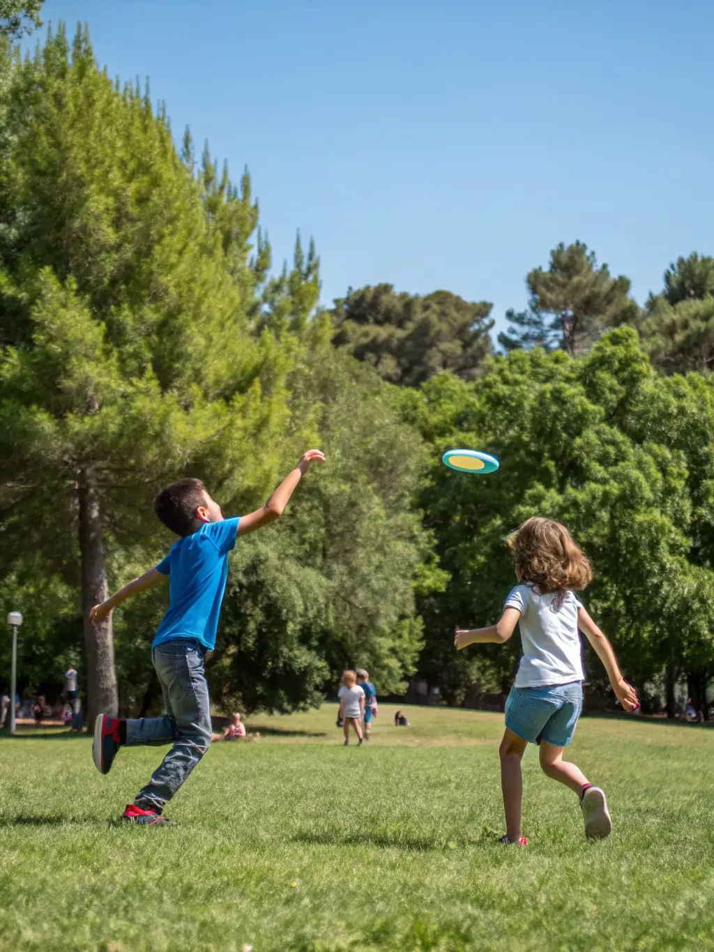 Children playing various sports and games in a park, supervised by instructors, promoting physical activity and teamwork, for the 'Our Activities' section of HERMINE FORME ET DYNAMISME.