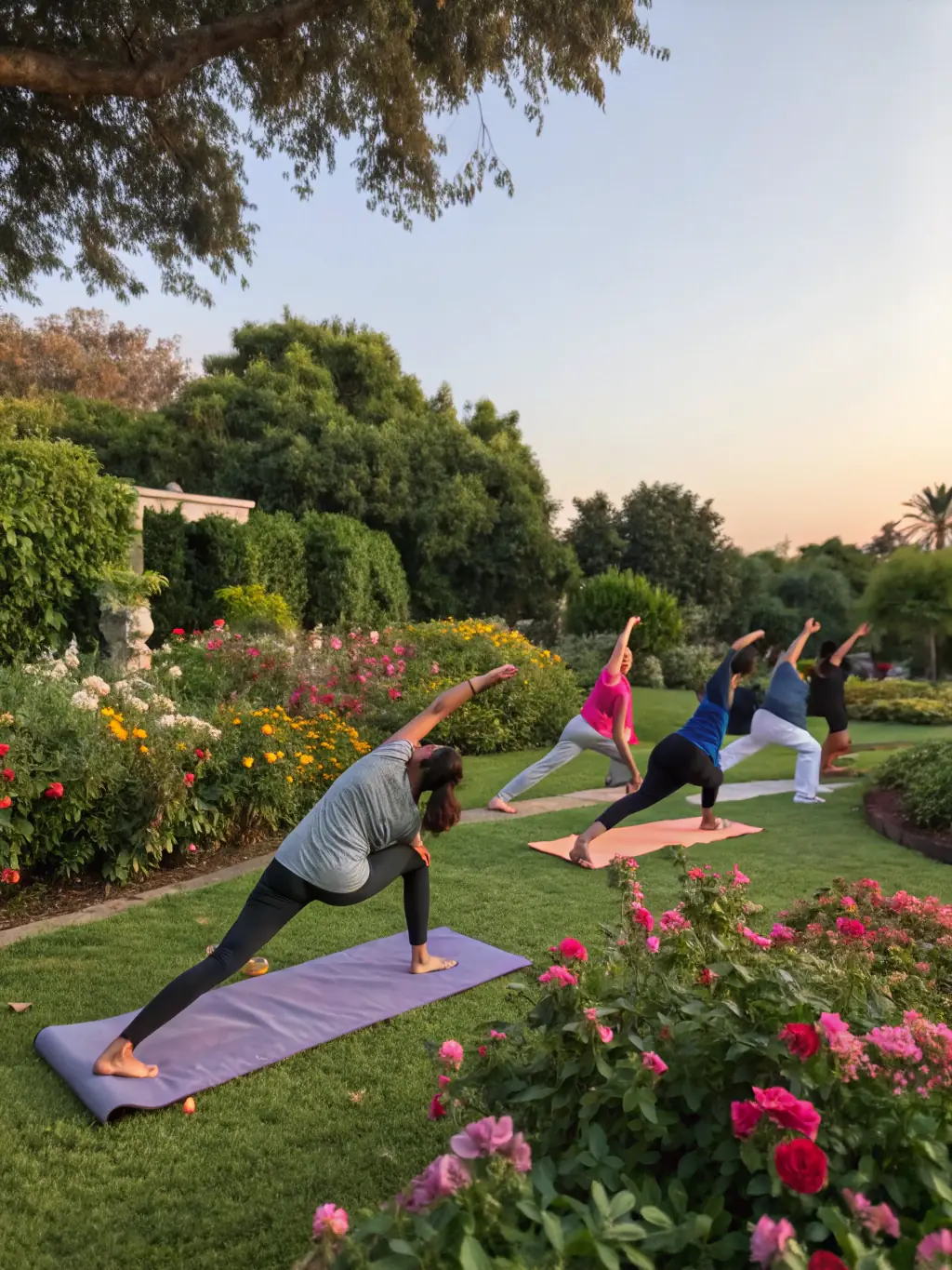 A group of diverse individuals participating in a yoga class outdoors, smiling and stretching, representing the physical and mental well-being benefits of joining Hermine Forme et Dynamisme.