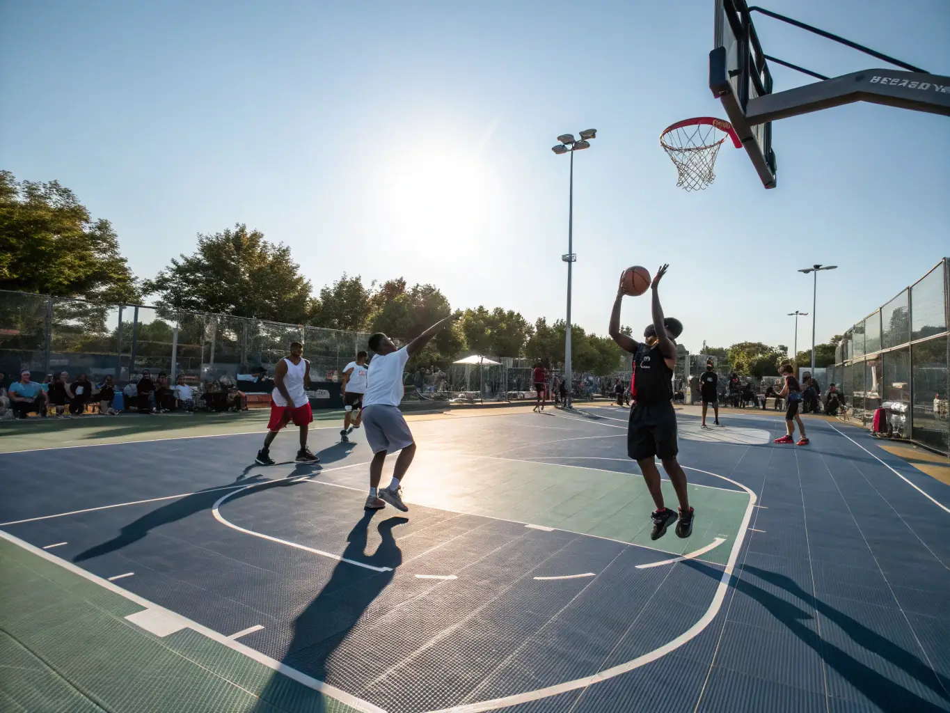 A group of children and adults playing a game of adapted basketball, highlighting the organization's commitment to inclusive sports activities.