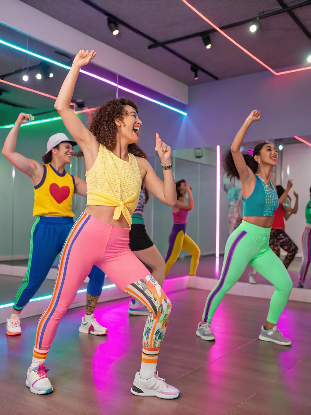A diverse group of individuals engaged in a lively Zumba class, moving to upbeat music and following the instructor's energetic choreography, for the 'Our Activities' section of HERMINE FORME ET DYNAMISME.