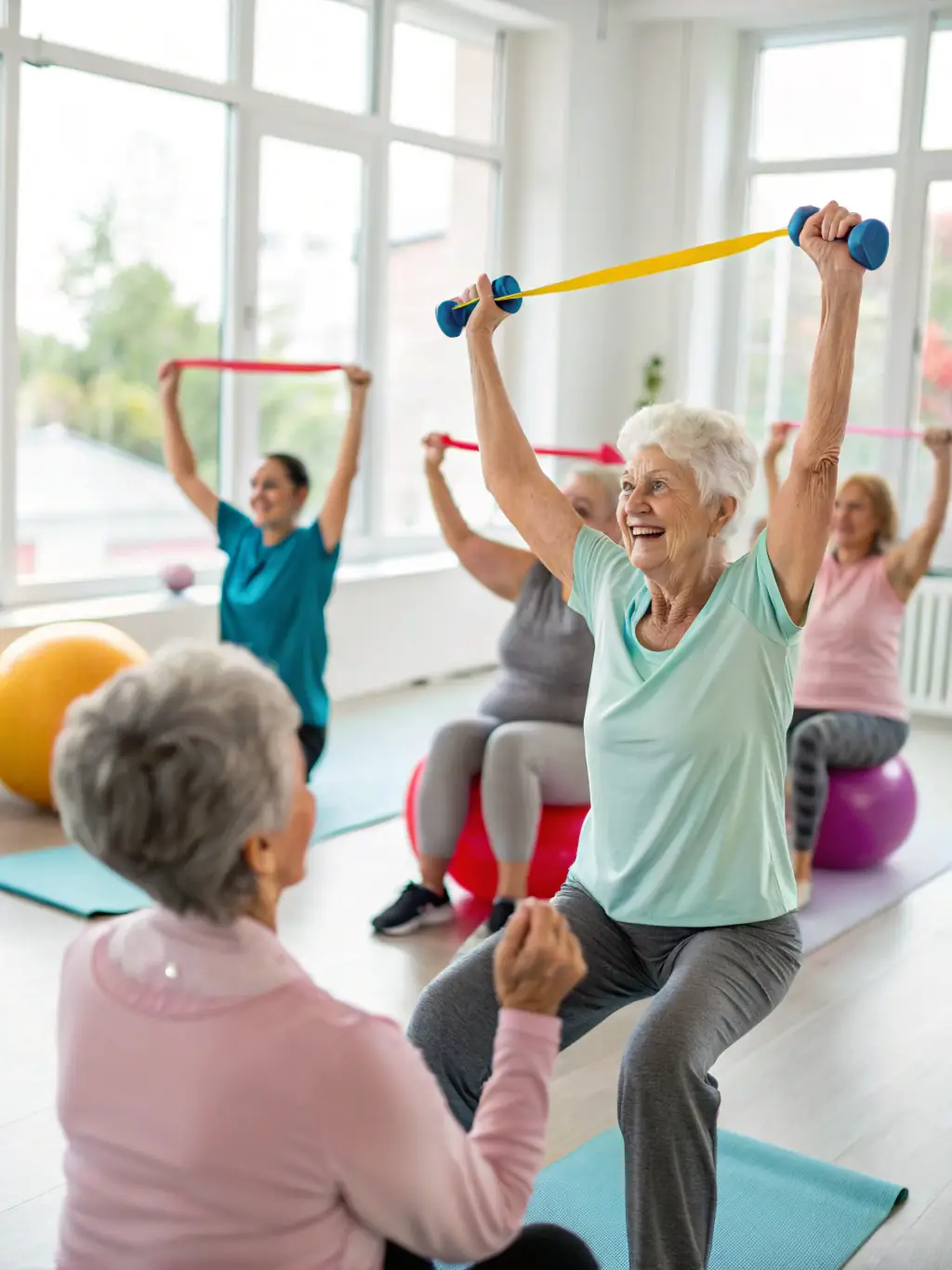 A group of seniors participating in a low-impact aerobics class, using light weights and resistance bands, focusing on strength and mobility, for the 'Our Activities' section of HERMINE FORME ET DYNAMISME.